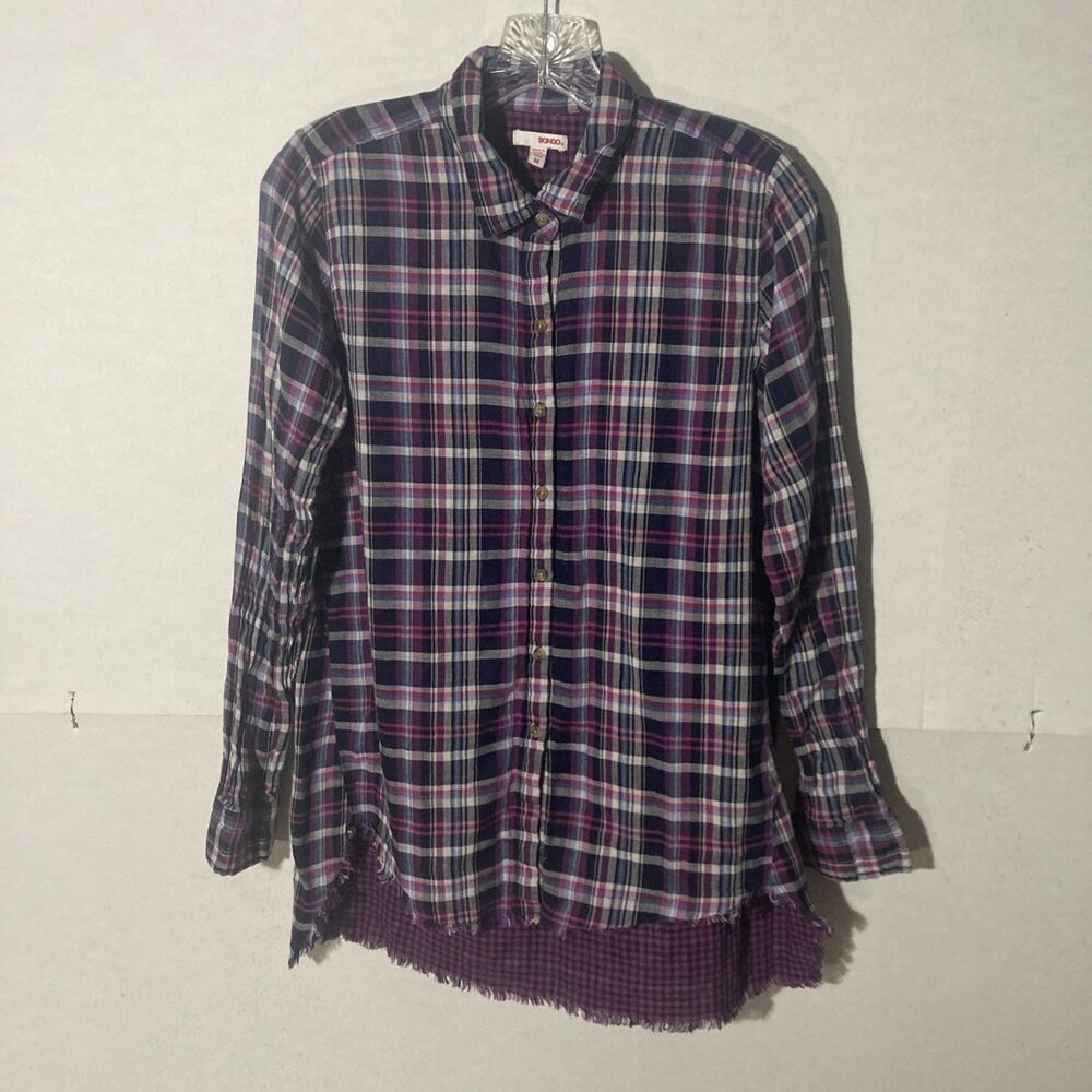 BONGO multicolor plaid checkered long sleeve high low hem button up top M